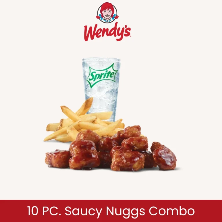 Wendy's 10-piece Saucy Nuggs combo from Wendy's, featuring chicken nuggets, fries, and a beverage